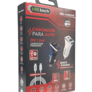 Cargador auto USB + USB -C con cable C-C 12v/24v 38W carga rápida